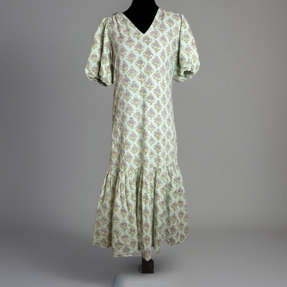 Anna Cate XS Mint Green Floral Cotton Puff Sleeve Midi Dress Boho Tiered